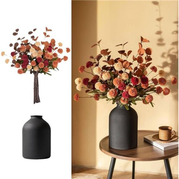 Fall Flowers in Vase for Centerpieces: Metal Vase with 12 Stems of Fake - Picture 1 of 7